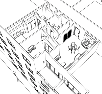 Figure 18: Mid-Rise Multifamily: 5th Floor, 2-Bedroom Apartment, Plan View with North and East Elevations Figure 18: Mid-Rise Multifamily: 5th Floor, 2-Bedroom Apartment, Plan View with North and East Elevations
