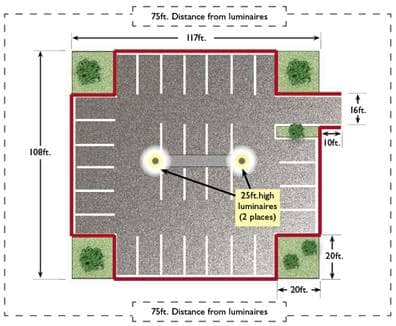 An image of a parking lot of 117 feet by 108 feet in length. Two 25 feet high light poles are located in the lot. An image of a parking lot of 117 feet by 108 feet in length. Two 25 feet high light poles are located in the lot.