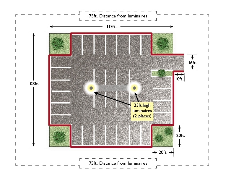 An image of a parking lot of 117 feet by 108 feet in length. Two 25-feet-high light poles are located in the lot. An image of a parking lot of 117 feet by 108 feet in length. Two 25-feet-high light poles are located in the lot.