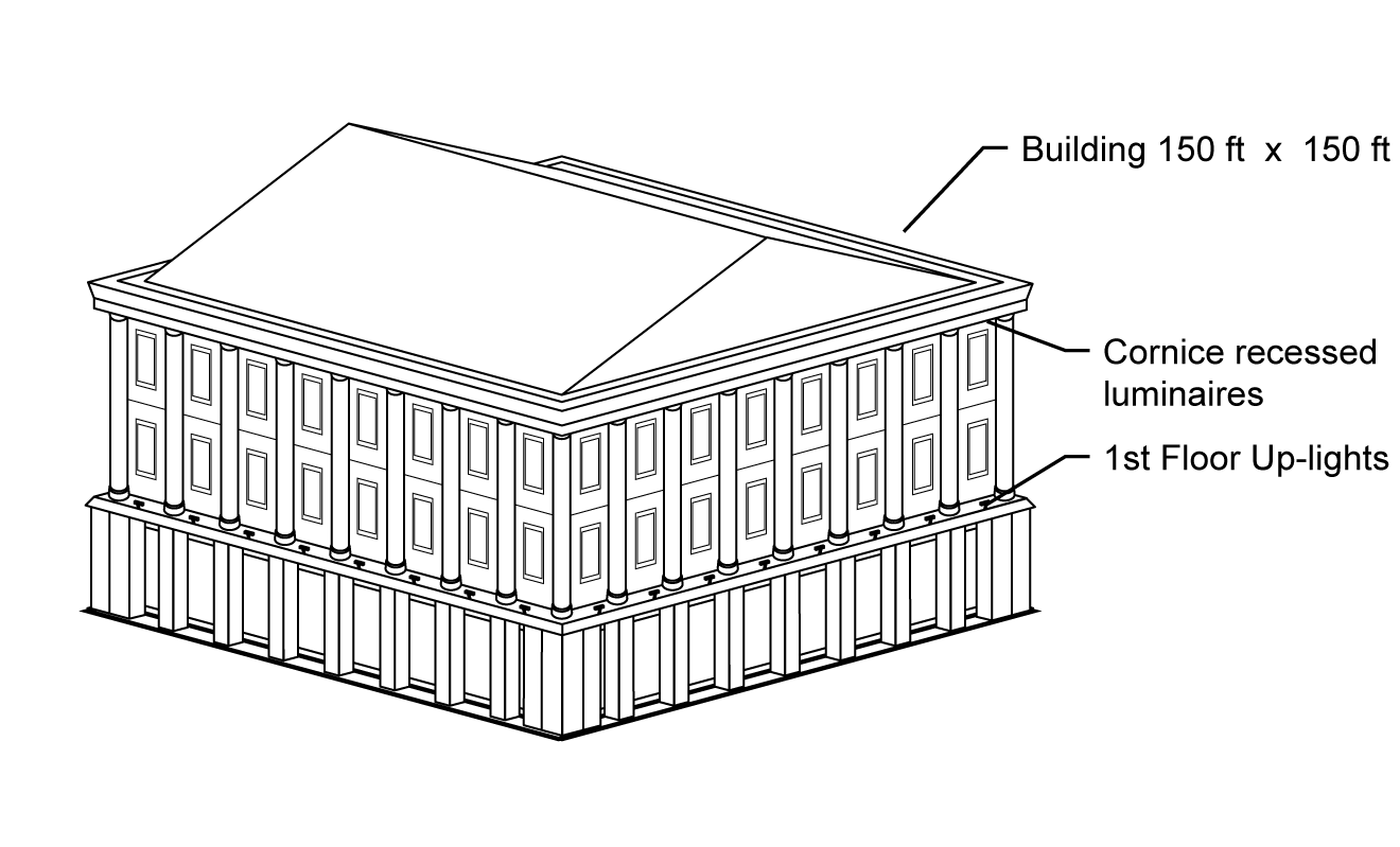 This image shows a building of 150 feet wide by 150 feet long. There are up-lights on exterior at first floor and there are also cornice recessd luminaires at the building parapet. This image shows a building of 150 feet wide by 150 feet long. There are up-lights on exterior at first floor and there are also cornice recessd luminaires at the building parapet.