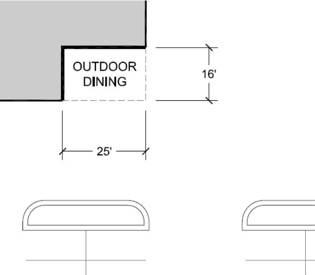 This image shows an outdoor dining of 16 feet by 25 feet in size. This image shows an outdoor dining of 16 feet by 25 feet in size.