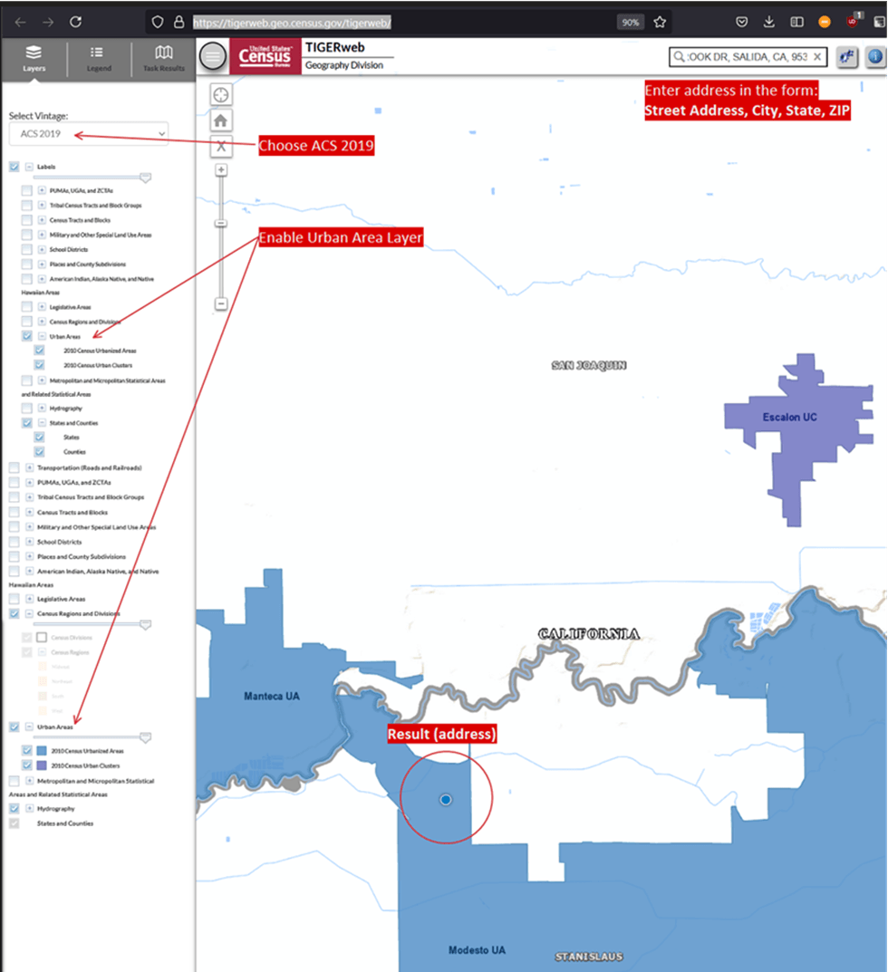 A screen image of the U.S. Census Bureau tool with map overlay A screen image of the U.S. Census Bureau tool with map overlay