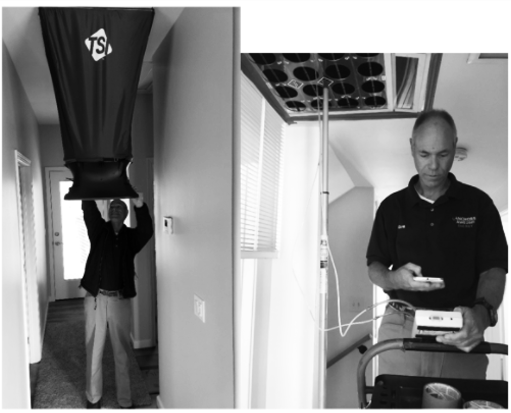 Figure 11 33: System Airflow Rate Measurement Using Flow Capture Equipment Hood (On Left) and Flow Grid (On Right) Photo shows technician performing the measurements. Figure 11 33: System Airflow Rate Measurement Using Flow Capture Equipment Hood (On Left) and Flow Grid (On Right) Photo shows technician performing the measurements.