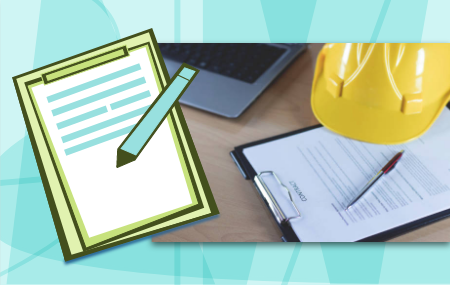 a desk showing a form being filled out next to a hard hat and laptop, with a stylized graphic of a form on a clipboard